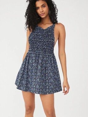 Free People Navy Blue Floral Smocked Mini Dress